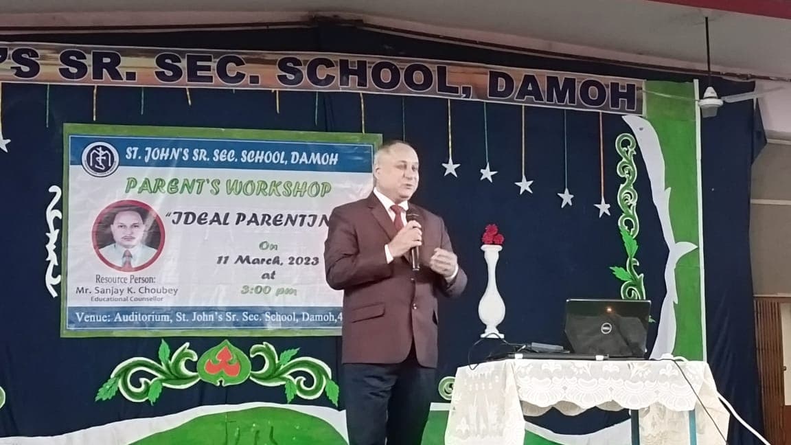Sanjay Choubey speaking at the parents' workshop, St. John's Sr. Sec. School, Damoh