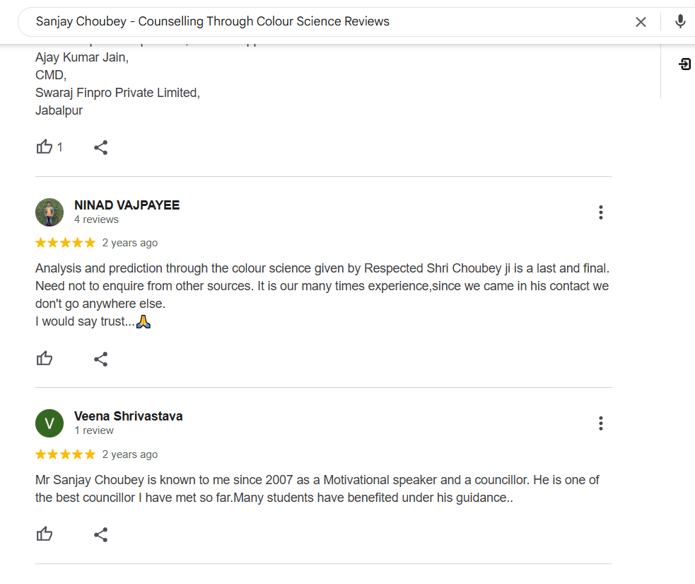 Google reviews of Sanjay Choubey by Ajay Jain, Ninad Vajpayee and Veena Shrivastava